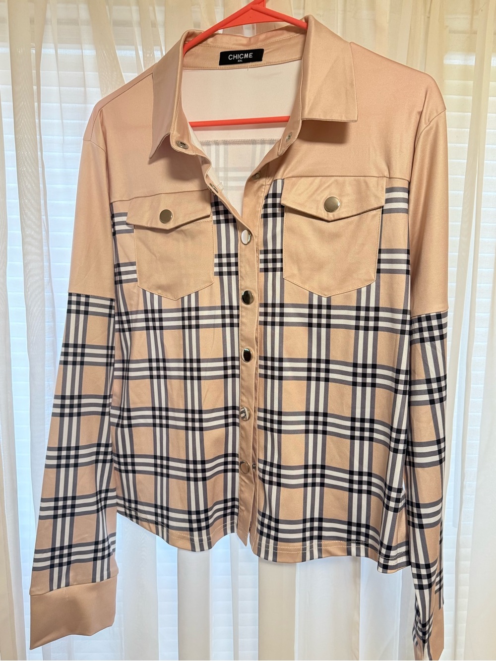 chic Beige Plaid Button-Front Jean Jacket